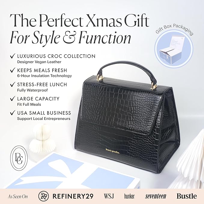 BEAUTYGOODIES Stylish Black Croc Lunch Bag for Women, Medium, Black Cute Insulated Lunch Box, Professional and Chic Lunch Bag for Working Women, Teacher, Nurses, a Great Gift!