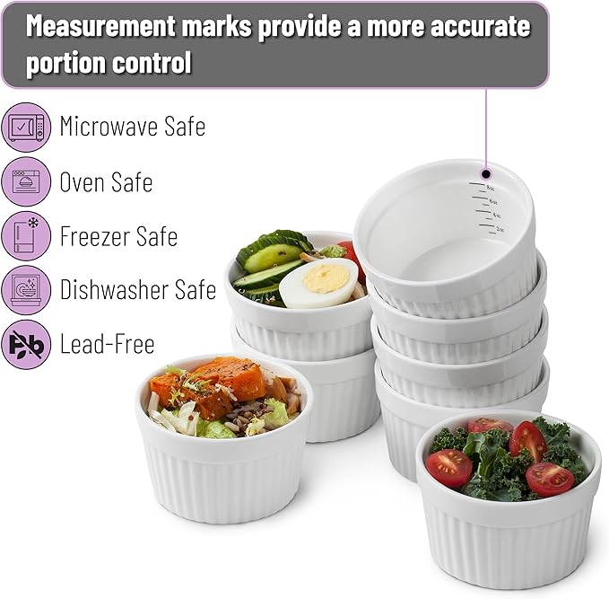 BTaT- Ramekins, 8 oz, Set of 8, Ramekins for Baking, Ramekin with Measurement Markings, Creme Brulee Dishes, Souffle Cups, Custard Cups, Ceramic Bakeware, Souffle Dish, Small Ceramic Bowl