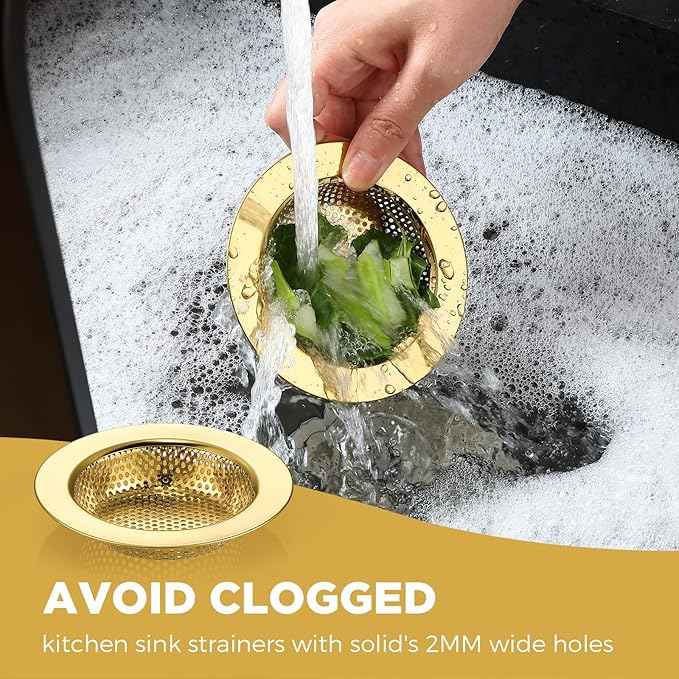 Mudder 3 Pcs Kitchen Sink Drain Strainer and Stopper Stainless Steel Garbage Disposal Plug with Handle Universal Anti-Clogging Kitchen Sink Filter Sieve Basket Strainer(Light Gold)