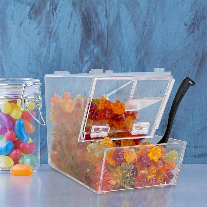Inevibe Candy Bin Topping Dispenser - Acrylic Bulk Sprinkle Container with Scoop, Stackable & Magnetic for Multiple Holders - For Cereal, Nuts, Candies & Snack Food Storage - 2 Pack