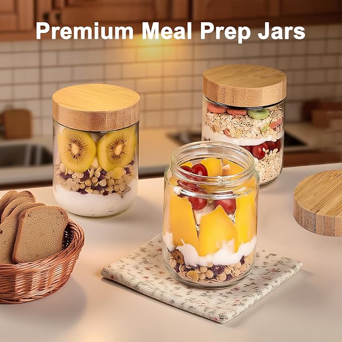 6 Pack 16oz Glass Jars with Bamboo Lids, Overnight Oats Containers with Airtight Lids, Storage Containers Wide Mouth Mason jars for Salad,Yogurt, Sugar, Snacks, Spices
