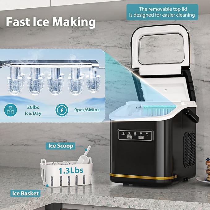 Electactic Ice Maker Machine Countertop Portable Compact Small Bullet Ice Maker with Self Cleaning,9 Cubes in 6 Mins,26lbs in 24Hrs, for Home and Kitchen(Black)