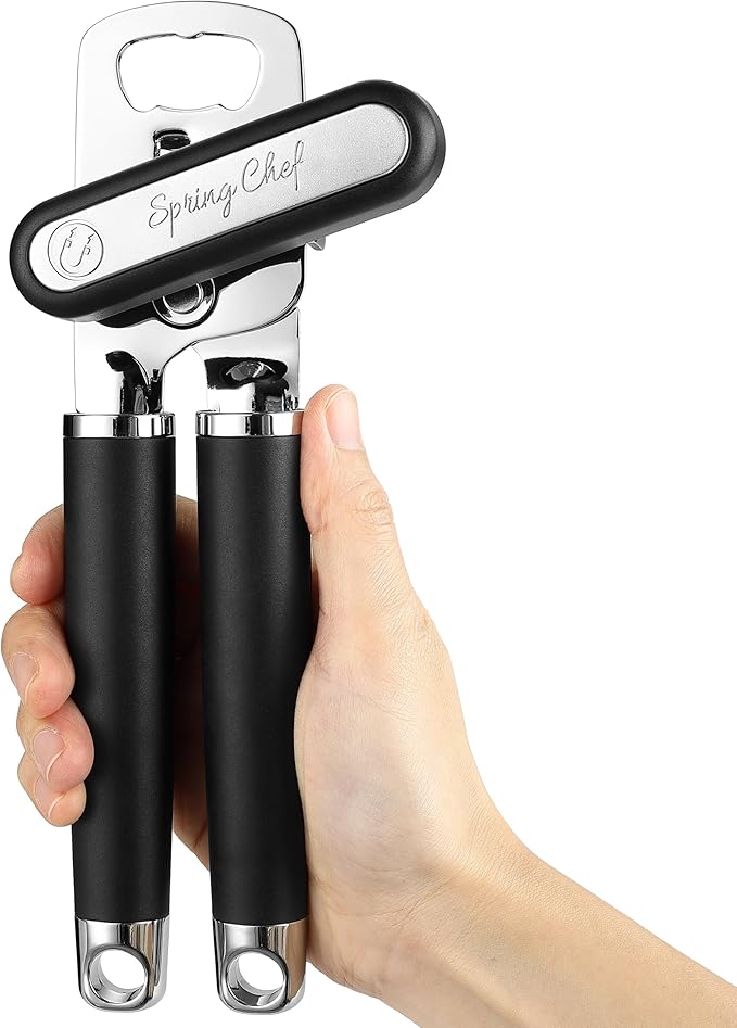 Spring Chef Stainless Steel Can Opener - Manual with Soft Grip Handles, Easy Turn, Heavy Duty Hand Can Openers for Seniors with Smooth Edge - Magnetic Lid Remover - Black