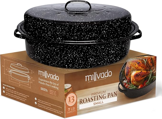 Millvado Roasting Pan With Lid, Turkey Roaster Pan, 13" Granite Oven Roaster Oval Shaped Speckled Enamel on Steel Cookware