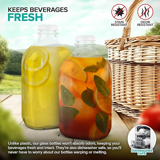 Stock Your Home Half Gallon Glass Milk Bottle with Lid (4 Pack) 64 Oz Jugs and 8 White Caps, Reusable Food Grade Milk Container for Refrigerator, Bottles for Juice, Oat or Plant Milks, Water, Honey