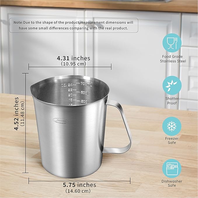 Measuring Cup, [Upgraded, 3 Measurement Scales, Including Cup Scale, ML Scale, Ounce Scale], Newness Stainless Steel Measuring Cup with Marking with Handle, 24 Ounces (0.7 Liter, 3 Cup) (Pack of 2)