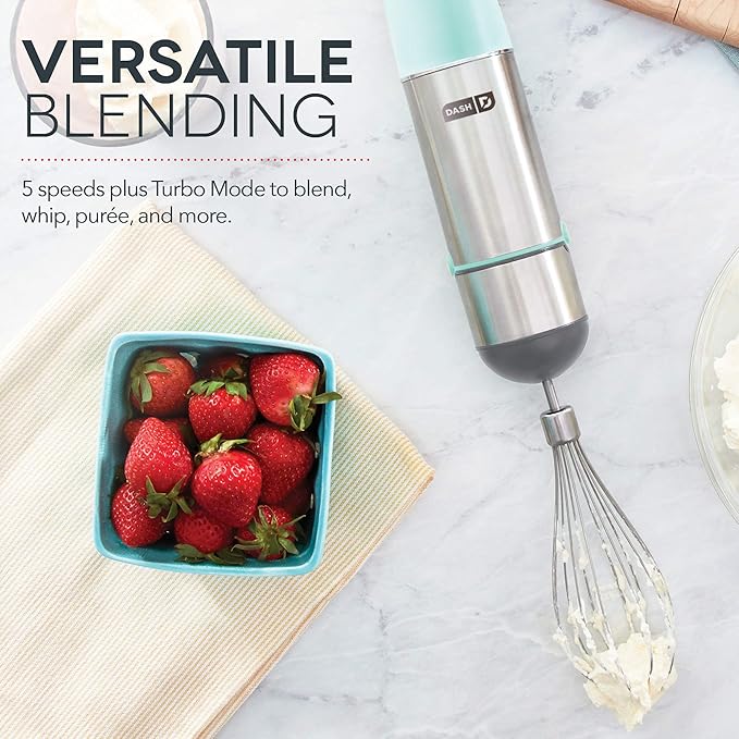 Dash Chef Series Immersion Hand Blender, 5 Speed Stick Blender with Stainless Steel Blades, Whisk Attachment and Recipe Guide – Aqua