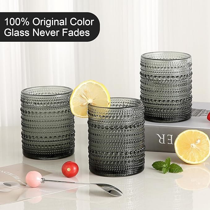 ZMOWIPDL Vintage Glassware Drinking Glasses Set of 6,12 oz Hobnail Glass Cups,Embossed Grey Water Tumbler,for Beer,Cocktail,Whiskey,Juice and Various Mixed Drinks- 1 Cleaning Brush