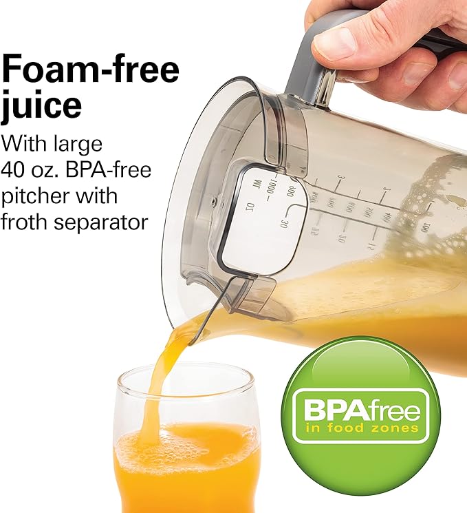 Hamilton Beach Juicer Machine, Centrifugal Extractor, Big Mouth 3" Feed Chute, Easy Clean, 2-Speeds, 40 oz. BPA Free Pitcher, 850 Watt Motor, Silver (67850)