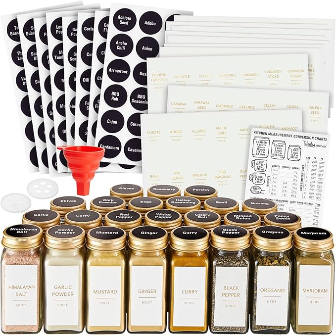 Talented Kitchen 24-Pack Glass Spice Jars - 4 Oz Square Bottles & Gold Metal Caps - Refillable Shaker & Pour Lids, 284 Preprinted Stickers - Seasoning Organizer for White & Gold Kitchen Organization