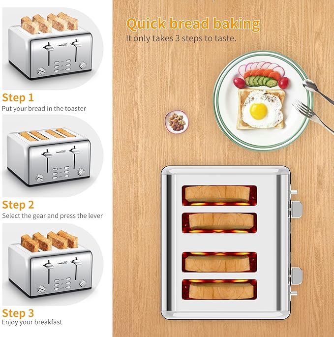 Geek Chef Stainless Steel Toaster 4 Slice, with Extra Wide Slots for Bagels, Removable Tray, Cancel/Defrost/Reheat Functions