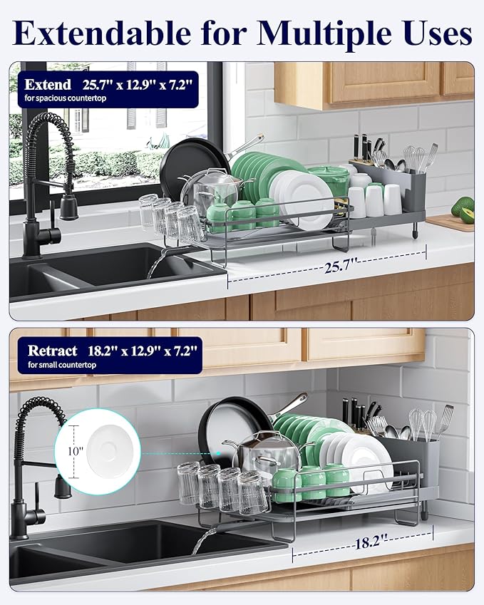 Kitsure Extendable Dish Drying Rack, Large Drying Dish Rack with Cutlery & Cup Holders, Multifunctional Dish Racks for Counter with Drainage, 18.2"-25.7" L x 12.9" W, Grey