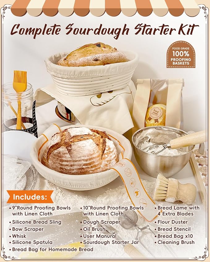 Complete Sourdough Starter Kit | Easy to Clean & Use for Beginners & Bakers | Natural Rattan Proofing Basket with Full Accessories | Sourdough Bread Baking Supplies for Bakers Women Wife