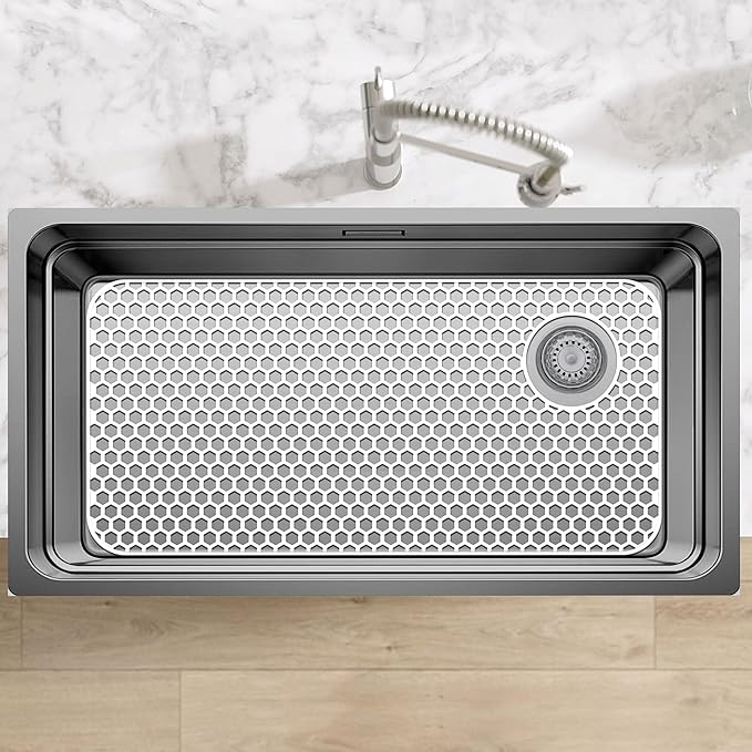 Bestjing Silicone Sink Protectors for Kitchen Sink - 28.4"x 14.3" Kitchen Protector Accessory, Non-Slip Heat Resistant Mat for Bottom of Farmhouse Porcelain Stainless Steel(Top Right Drain Hole,White)