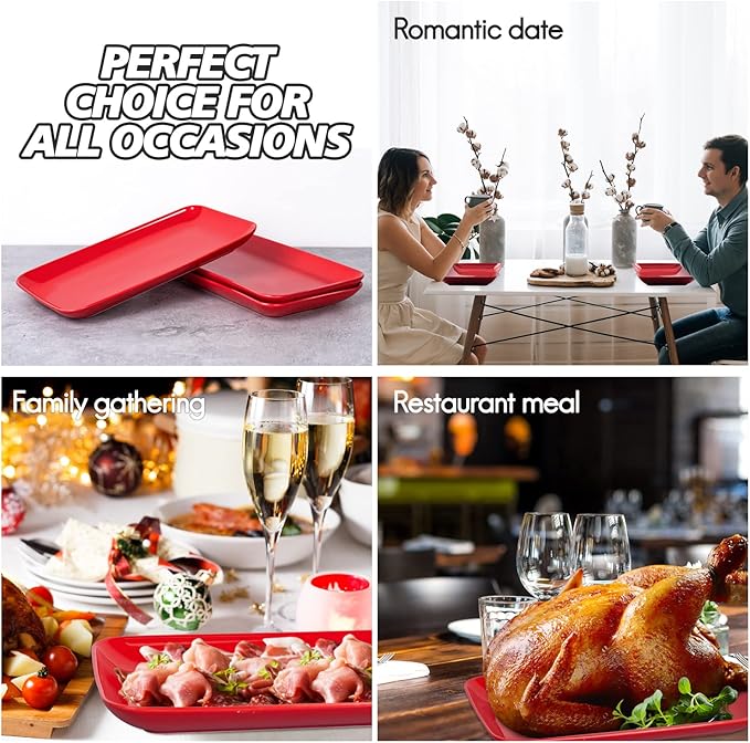DELLING 12 Inch Rectangular Serving Platter Set of 3, Red Porcelain Serving Plates, Appetizer Salad Dessert Trays for Party, Christmas Valentine's Day Entertaining, Microwave Dishwasher Oven Safe