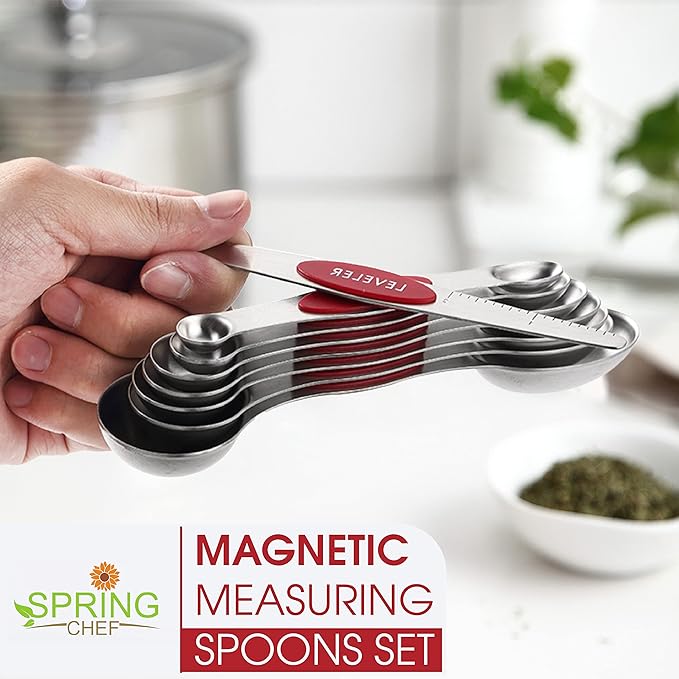 Spring Chef Dessert Bundle - Ice Cream Scoop, Medium Dough Blender, Magnetic Measuring Spoons Set - Red