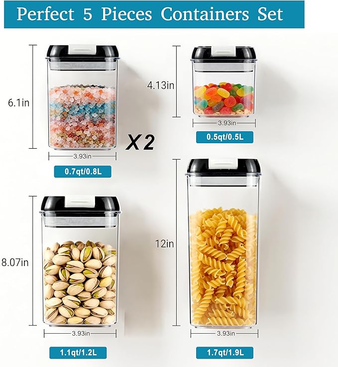 OMIO Airtight Food Storage Containers 5-Pack, BPA-Free Stackable Kitchen Canisters for Pantry Organization – Perfect for Cereal, Grains, Flour, Sugar, Snacks (1.9L, 1.2L, 0.8L x2, 0.5L)