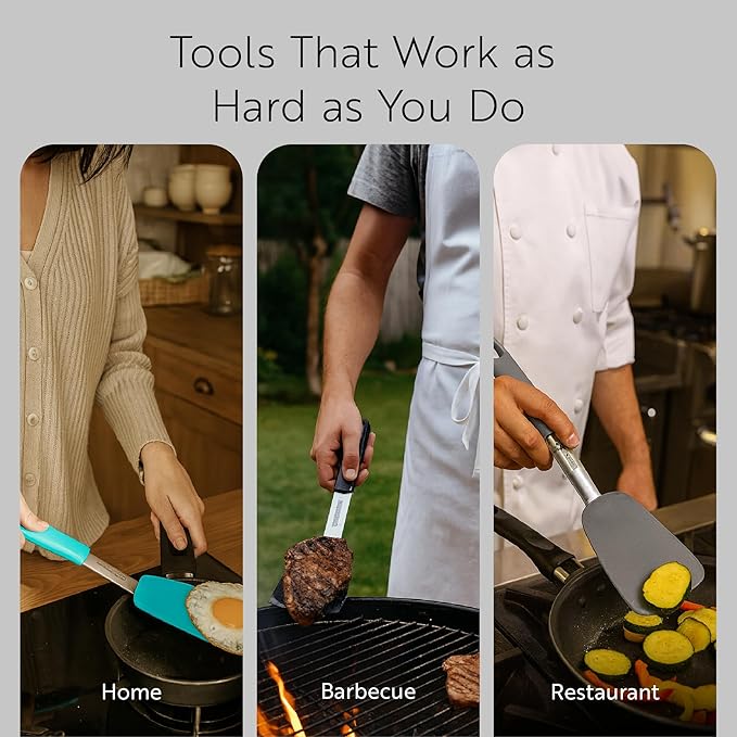 Comfy Grip 13.3 x 4 Inch Silicone Turner, 1 Durable Cooking Turner - Stainless Steel Body, Rubber Handle with Hole, Black Silicone Flipper Spatula, Tolerates up to 446F, Dishwashable - Restaurantware