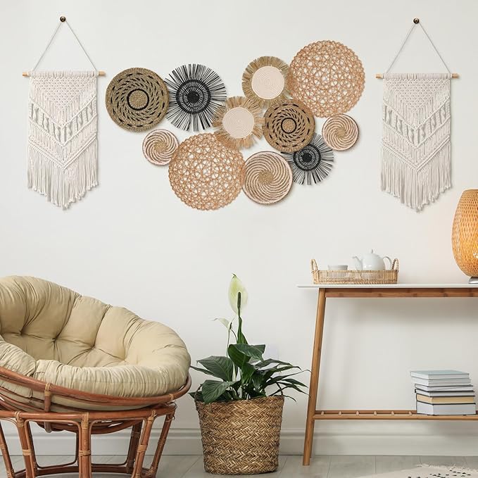 Tatuo 11 Pcs Boho Wall Basket Decor Bulrush Woven Wall Hanging Art Round Farmhouse Rustic Handmade Wicker for Summer Home, Bedroom, Living Room, Kitchen Decorations, Multi Sizes(Flower)