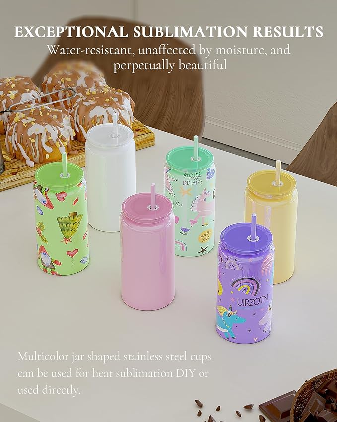 6 Pack Glass Cups With Lids and Straws, 16oz Stainless Steel Cup for Beer, Iced Coffee, Smoothie, Whiskey, Soda, Tea, Water - Sublimation With Coaster