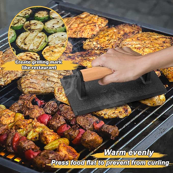 HaSteeL 9x7in Melting Dome & 8x4in Grill Press, Rectangular Basting Steaming Cover & Cast Iron Burger Bacon Press, Heavy Duty Griddle Tools Accessories for Flat Top Grilling Barbecue, Indoor & Outdoor