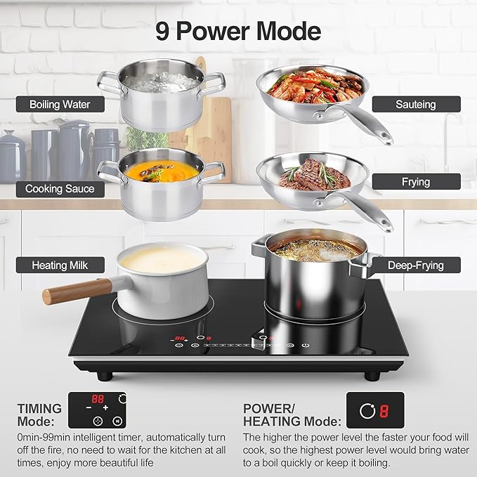 VBGK Double Induction Cooktop,4000W 2 burner induction cooktop,110V Hot Plate Electric Burner Portable Induction cooktop 2 burner with LCD Touch Screen 9 Levels Settings Child Safety Lock & Timer
