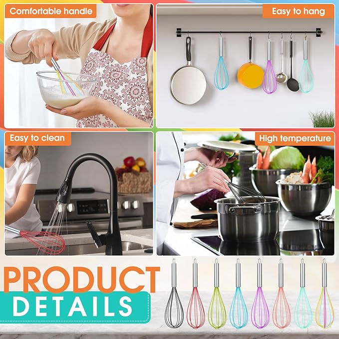 Domensi 16 Pcs 10 Inch Whisks Bulk for Cooking Silicone Whisks Non Scratch Stainless Steel Hand Coated Metal Heat Resistant Egg Beaters for Classroom Cook Party Favor Gift Supplies