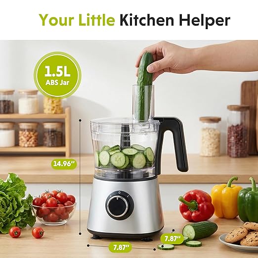 Simple Deluxe Food Processor Blender Combo, 300W Electric Kitchen Appliance with 1.5L Glass Jar, 6-Cup Chopper for Dough Meat Slicing Puree, Dual Speeds & Safety Lock, Black & Silver