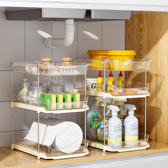 Delamu 2 Pack 3-Tier Bathroom Under Sink Organizers and Storage, Multi-Purpose Stackable Pantry Organization and Storage, Pull Out Clear Kitchen Bathroom Cabinet Organizer with Movable Dividers, Beige
