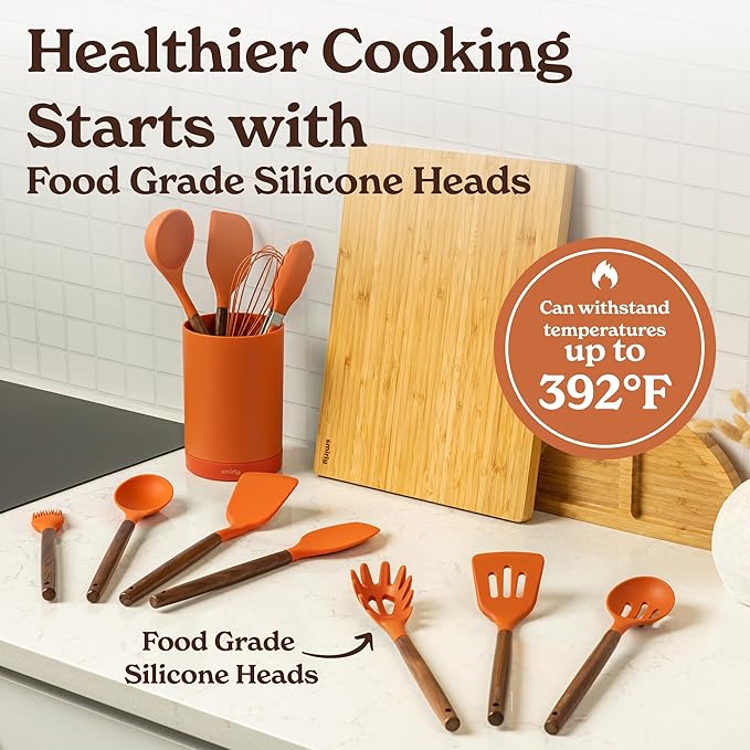 Silicone Kitchen Utensils Set & Holder: Cooking Utensils Set - Kitchen Essentials for New Home & 1st Apartment- Silicone Spatula Set, Cooking Spoons for Nonstick Cookware (Acacia Wood, Oange)