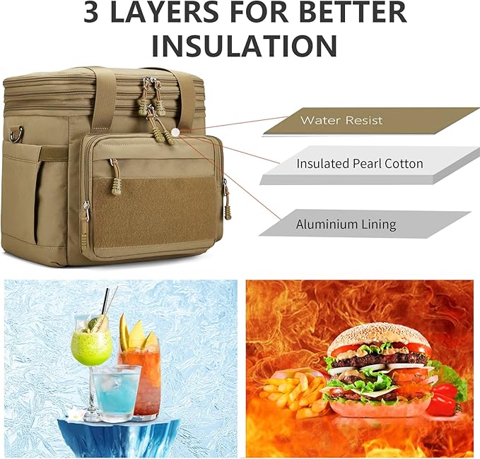 Gafetrey Large Tactical Lunch Box for Men, Insulated Lunch Bag Adult, Thermal Lunchbox Leakproof Waterproof Cooler Bag, Dual Compartment Lunch tote, Large Lunch Pail for Work Office Camping 24L