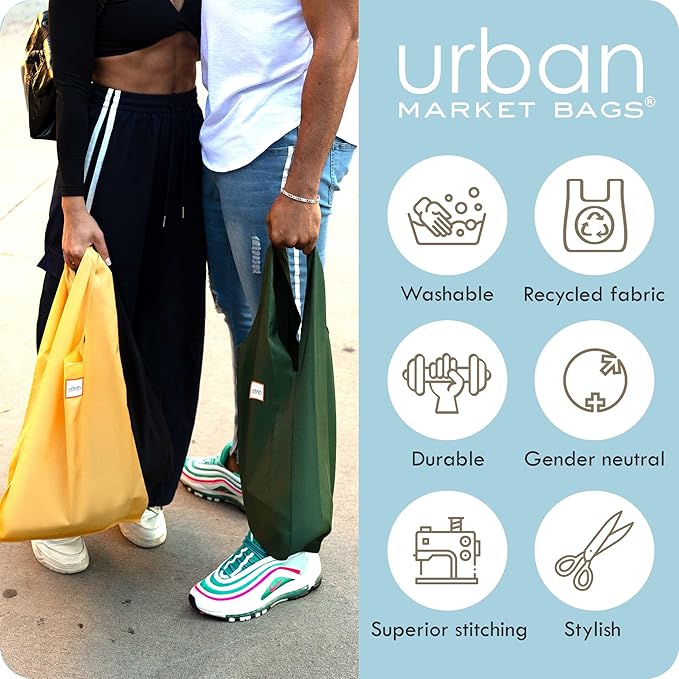 Urban Market Bags - Meadow - 3 Foldable Reusable Shopping Bags in 1 Compact Pouch, Luxury Quality, Recycled Fabric, Holds 50+ lbs, Machine Washable, Pouch Fits in Cupholder, Designed in California