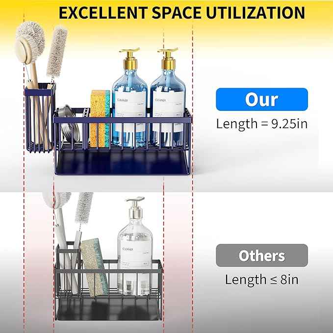 Cisily Navy Blue Sink Caddy Organzier with High Brush Holder, Sponge Holder for Sink, 304 Rustproof Stainless, Kitchen Countertop Soap Dispenser Organizer, Gray Blue Kitchen Decor and Accessories
