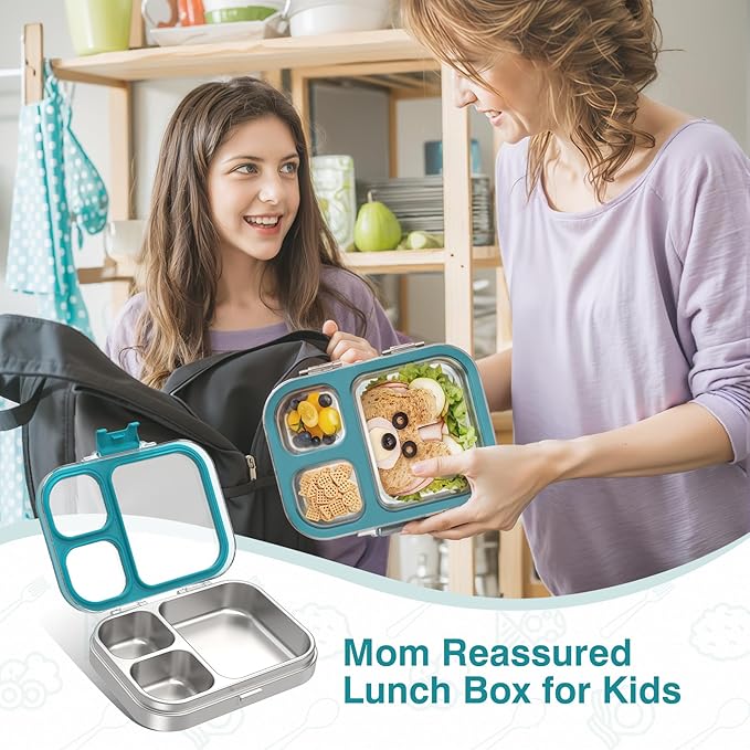 HOMEKOL Stainless Steel Bento Lunch Box, 3-Compartment Leak-Proof Lunch Container for Kids & Adults, BPA/BPS-Free 304 Metal Food Box, Dishwasher Safe, Clear Tritan Lid, Blue (Not Insulated)