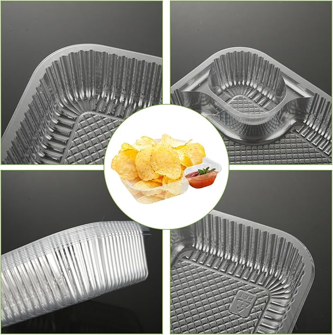 RHBLME 300 Pack Large 8"x6" Plastic Nacho Trays, 2 Compartment Disposable, Plastic Nacho Containers with Chip and Dip Holder for Party, Festivals, Kids, Theater