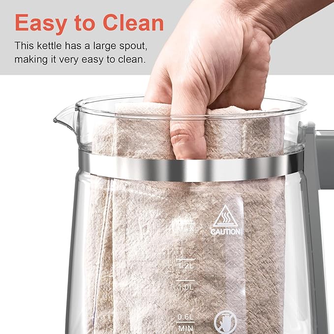 1200w Electric Kettle, 1.5L Borosilicate Glass tea kettle, Hot water kettle electric for Coffee or Tea, BPA Free, Auto Shut-Off, Stainless Steel, Fast Boil, White