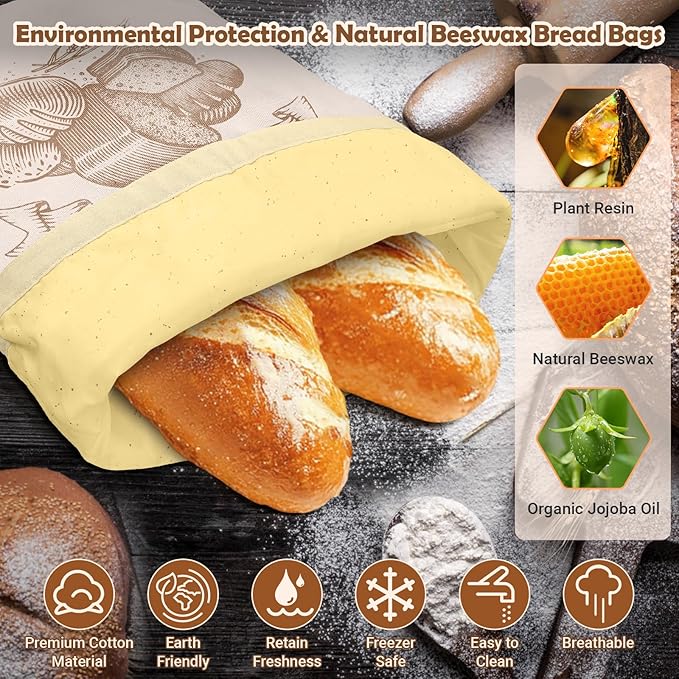 Cotton Beeswax Bread Bag (2 Pack) Reusable Double-Lock Freezer Safe for Homemade Sourdough Bread Food Storage Gifts for Sourdough Bakers (Pattern 2)