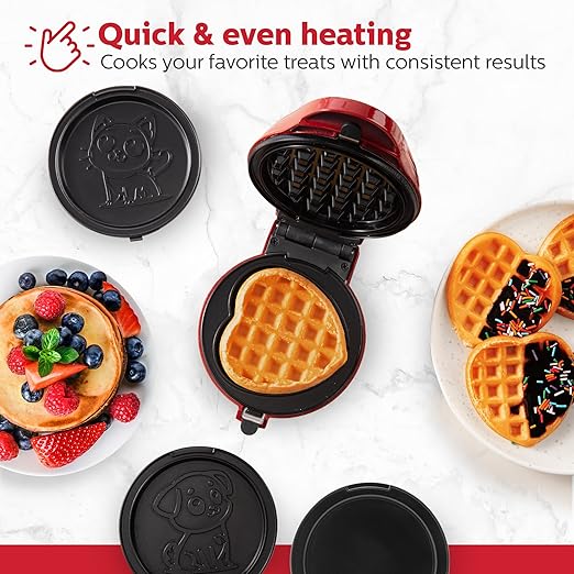 Holstein Housewares 5-in-1 Mini Waffle and Griddle Maker – 4-Inch Personal Appliance with 7 Removable Non-Stick Plates, Makes Puppy, Kitty, Heart-Shaped Waffles, Pancakes, Eggs & More