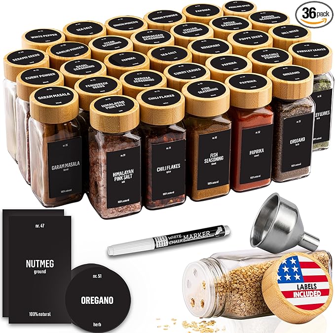 Deco haus Glass Spice Jars with Bamboo lids 36set [LABELS incl] Spice Containers with Labels, Funnel & Chalk Marker - Empty Herb Seasoning Containers, Small Seasoning Bottles for Herb with Wooden Lid