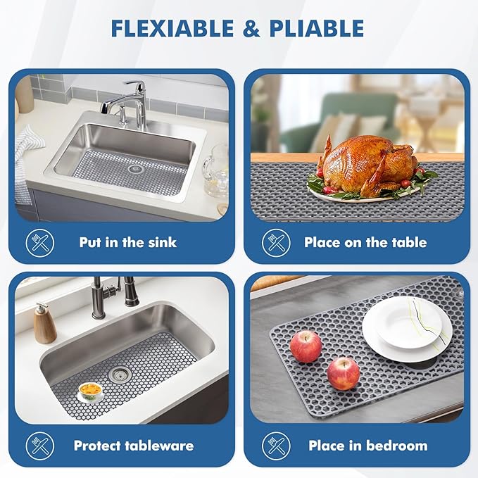 Bestjing Silicone Sink Protectors for Kitchen Sink with Rear Drain - 29.7"x 15.5" Kitchen Protector Accessory, Non-Slip Heat Resistan Mat for Bottom of Farmhouse Stainless Steel Porcelain