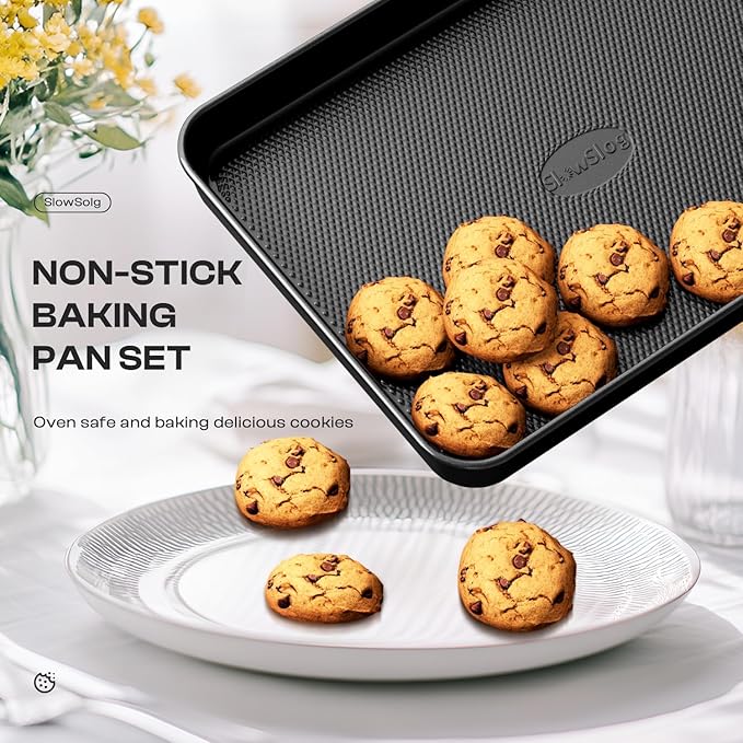 12-Piece Nonstick Bakeware Set, Stackable Non Toxic Baking Pans Set with Rack & Kitchen Utensils, Cookie Sheets Set, Cake Pan, Muffin Pan, Loaf Pan, Roasting Pan, Black