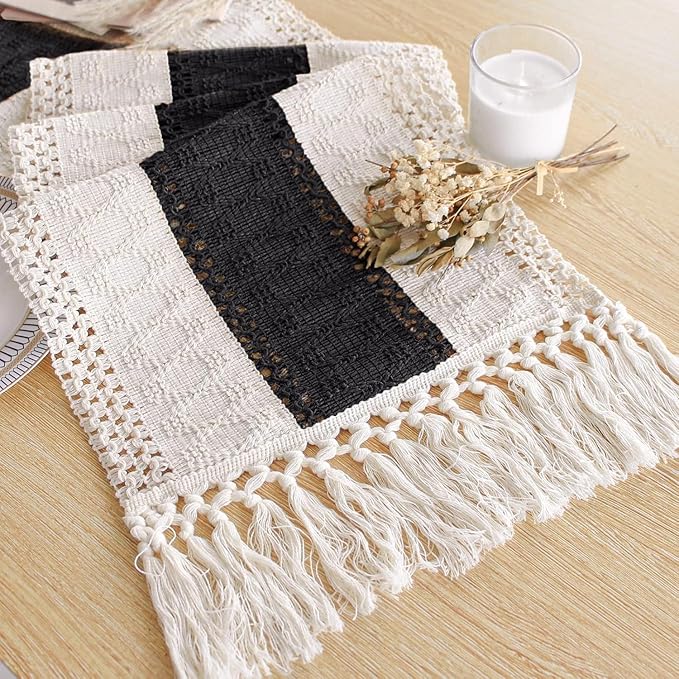 FEXIA Boho Table Runner for Home Decor with Tassels 48 Inches Long,Black Farmhouse Rustic Table Runner Macrame Burlap Table Decoration for Living Room Bridal Shower(12x48 Inches)