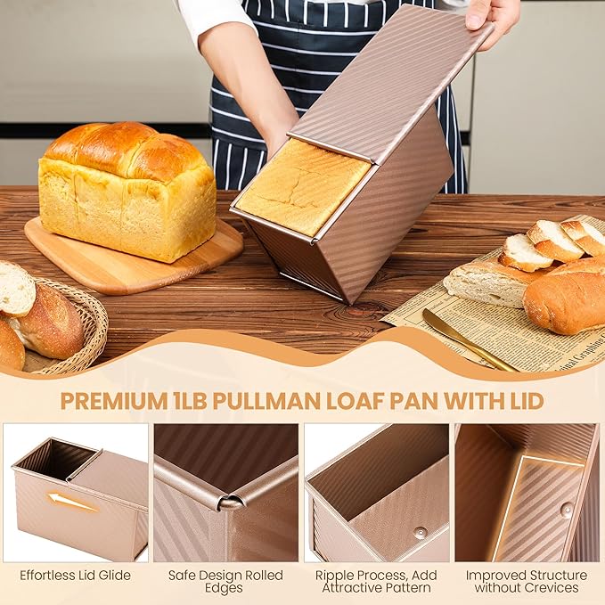 Yupjlia Pullman Loaf Pan with Lid, Premium 1 lb Dough Sandwich Nonstick Bread Pan with Lid for Homemade Bread, Heavy Duty Carbon Steel Corrugated Pullman Toast Box with Cover for Baking, Bakeware