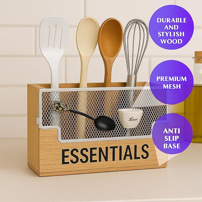Extra Large Kitchen Utensil Organizer with 4 Compartments, Wooden Utensil Holder for Countertop, Rustic Kitchen Utensil Holder for Silverware & Cooking