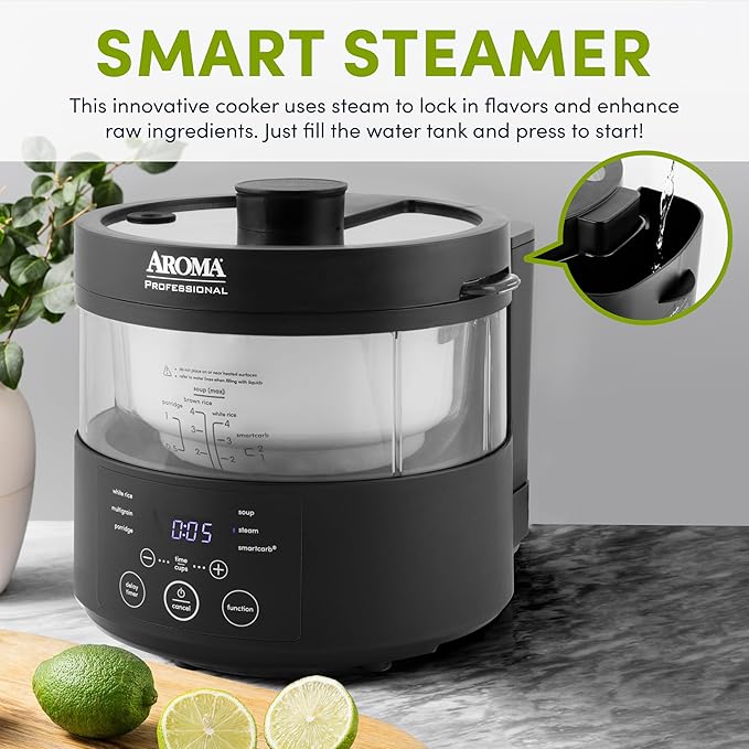 Aroma Housewares Professional 8-Cup (Cooked) SmartCarb Multicooker and Flavor-Lock Food Steamer for Low-Carb Rice and Grains, Glass Inner Pot, Black (AMC-800), Transparent Glass, 4 Cup Uncooked Rice