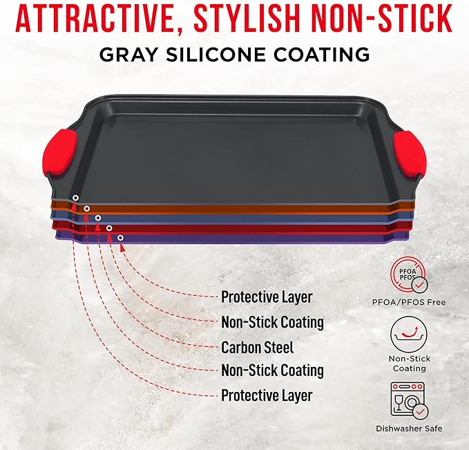 Nonstick Cookie Sheet Pan Carbon Steel Oven Tray Sheet Pan with Red Silicone Handles -Small Bakeware Pan Tray with Gray Coating Inside & Outside
