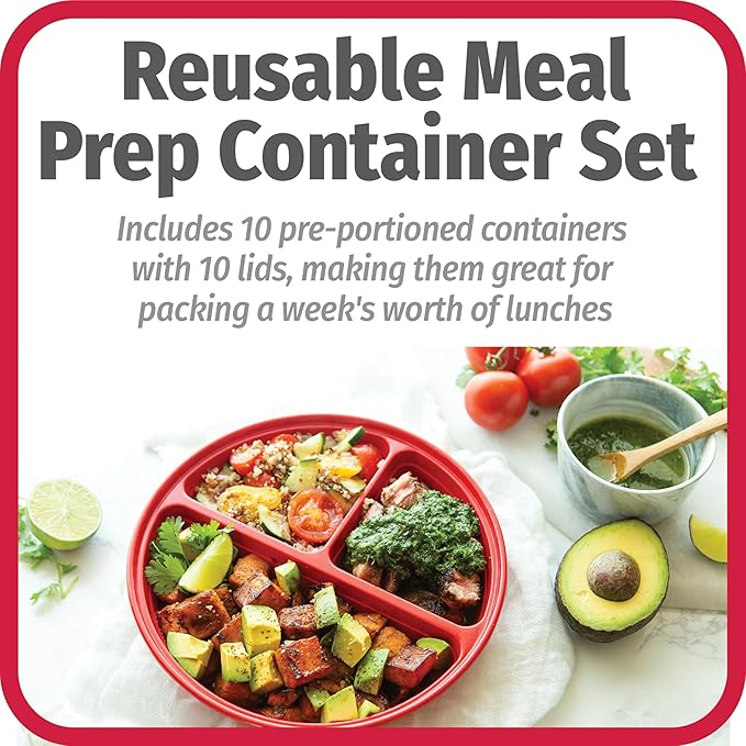 GoodCook Meal Prep Containers Set Microwave & Dishwasher-Safe Round Food Organizers with Labeled Compartments BPA-Free Food Storage Set with Snap Shut Lids Portion Control, 10-Pieces, Red