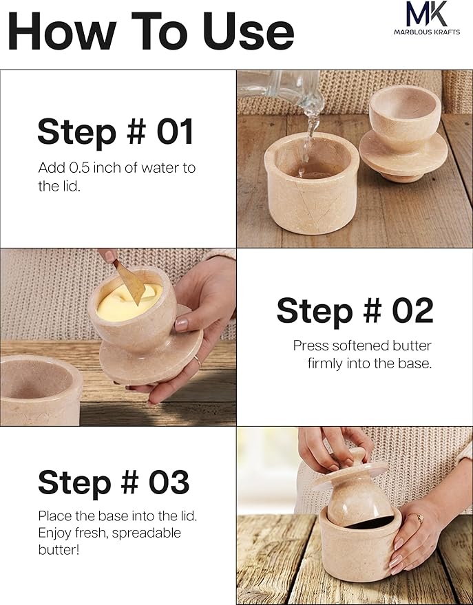 Marble Butter Keeper with Lid Verona 4.25 Inch, Handmade French Butter Crock For Counter With Water for Soft Butter Storage, Butter Dish for Kitchen Countertop, Butter Bell, Mothers Day Kitchen Gift