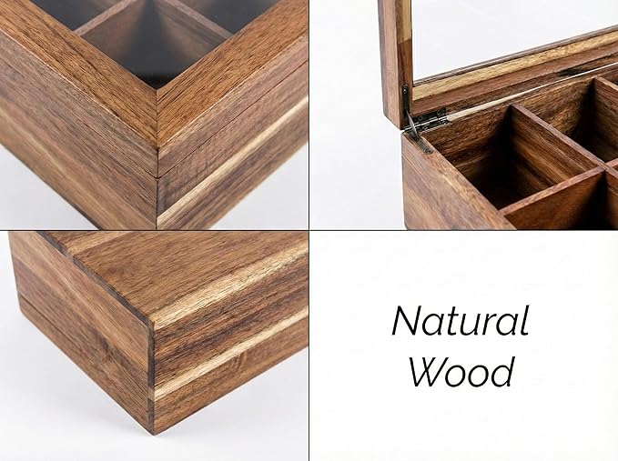 Acacia Wood and Bamboo Tea Bag Organizer - 4 & 8 Compartment Tea Box for Countertop - Tea Station & Coffee Bar Accessories - Fits Large & Craft Tea Bags (Wood, 8 Compartment)