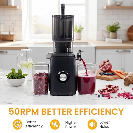 HealSmart Cold Press Juicer, Slow Masticating Juicer Machines with Wide Feed Chute, Fits Whole Fruits and Vegetables, High Juice Yield, BPA Free, Easy to Clean, Black